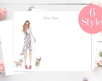 Dog Stationery, Chihuahua note cards  Personalized Stationery, Girl and dog, dog fashion illustration, note cards