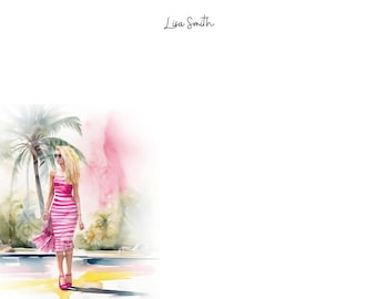 Personalized Stationery Set: Pink Watercolor Tropical Girl,  Blonde Tropical Custom Stationery girl, Personalized Stationery