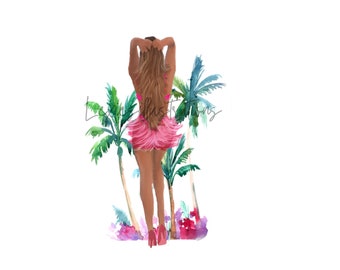 Watercolor Beach Girl Art Print - Salsa Dancer - Miami Beach Fashion Illustration