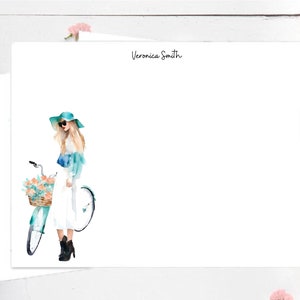 Personalized Stationery Set: Aqua Flowers Bike Girl, Fashion Stationery, Fashion Note Cards, Personalized Stationery Spring