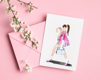 Fashion illustration Card with blank inside - Pink Floral Dress with Flowers