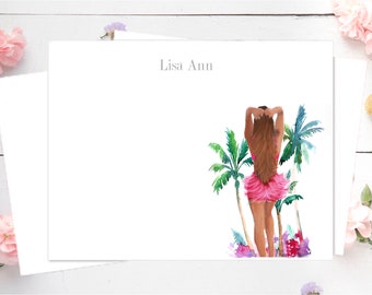 Custom Stationery Set: Miami Beach Girl, Beach Note Cards Personalized Stationery, Fashion,  Summer note cards, palm tree note cards