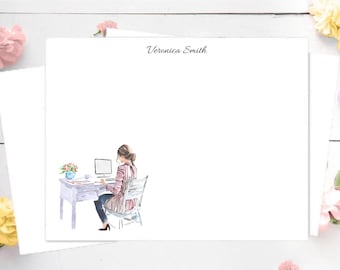 Personalized Stationery Set - girl at desk, Custom Stationery Girl,  Personalized Stationery girl watercolor, girl sitting at desk
