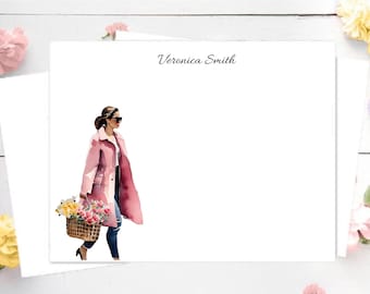 Personalized Stationery Set: Pink Coat with Flowers, Watercolor