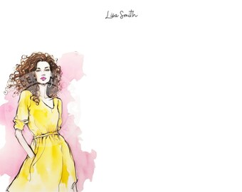 Personalized Stationery Set: Curly Hair Yellow Dress,  Girl Boss, Custom Stationery Girl,  Personalized Stationery, Fashion Stationery