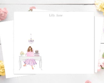 Personalized Stationery Set: Working at Desk illustration,  Girl Boss, Custom Stationery Girl,  Fashion Stationery