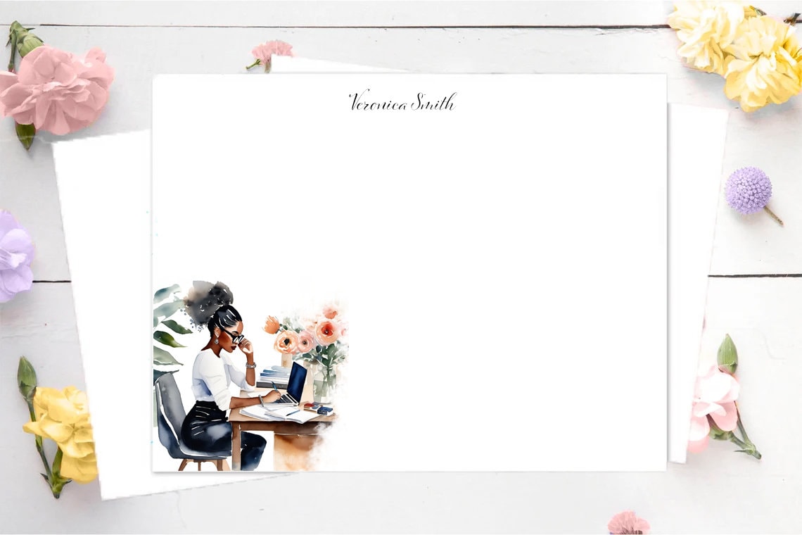 Black Girl Stationery, Personalized Office Notecards, Black Girl Note Cards, Office Supplies, Work From Home, Black Girl Art, Watercolor