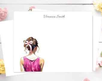Custom Stationery Girl: Pink Bow with bun Girl - Stationery Notecards, Personalized, Watercolor Stationery, Fashion illustration
