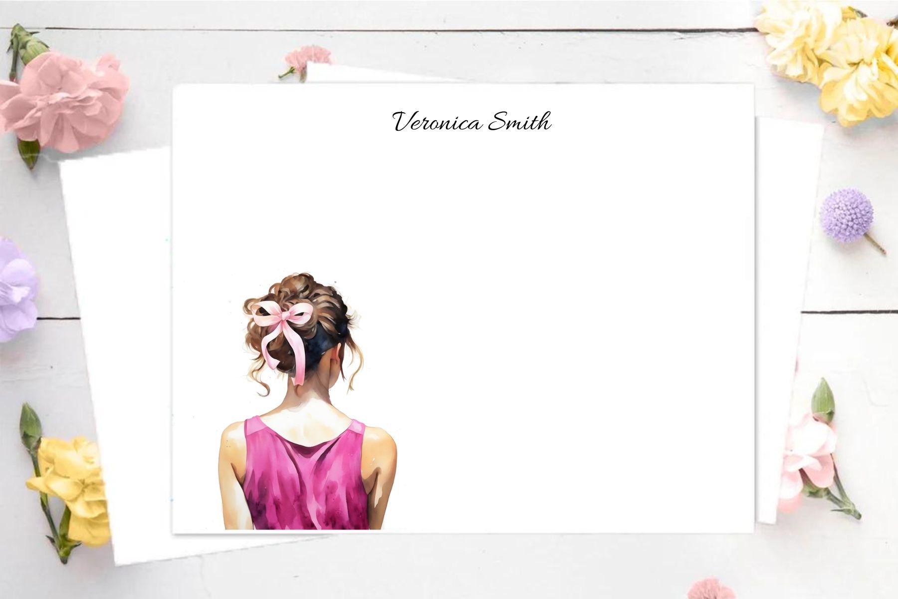 Custom Stationery Girl: Pink Bow With Bun Girl - Stationery Notecards ...