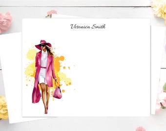 Personalized Stationery Set: Pink Watercolor Working Girl,  Girl Boss, Custom Stationery Girl,  Personalized Stationery, Fashionista Pink