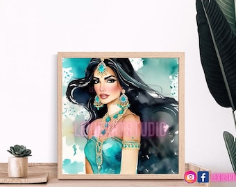 Princess Jasmine Watercolor Art Print - Arabian Princess Fashion Art