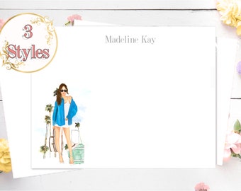 Stationery Set: Travel Beach Girl - Palm Trees -  Fashion Note Cards, Summer Stationery,  Beach Girl