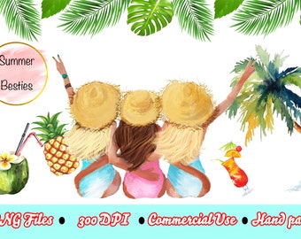 Summer Besties, Summer clipart, Fashion Clipart, Summer Girls, Pool Party, Beach Clipart, Girls Clipart, Summer illustrations, Palm Trees