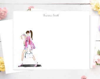Personalized Stationery Set: Pink Floral Dress with flowers and purse, classy woman fashion illustration, pink dress watercolor flowers card
