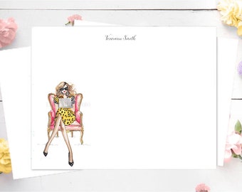 Personalized Stationery Set: Leopard Dress, Girl Boss Note Cards,  Personalized Stationery, Personalized Stationery Girl