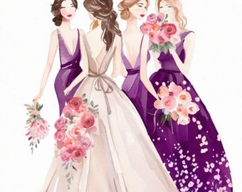 Custom Bridal Party Fashion Illustration - HAND DRAWN