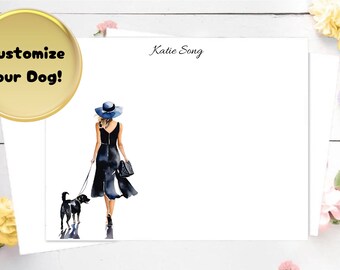 Personalized Stationery Set: Girl with Dog, Watercolor Girl and Dog Note Cards