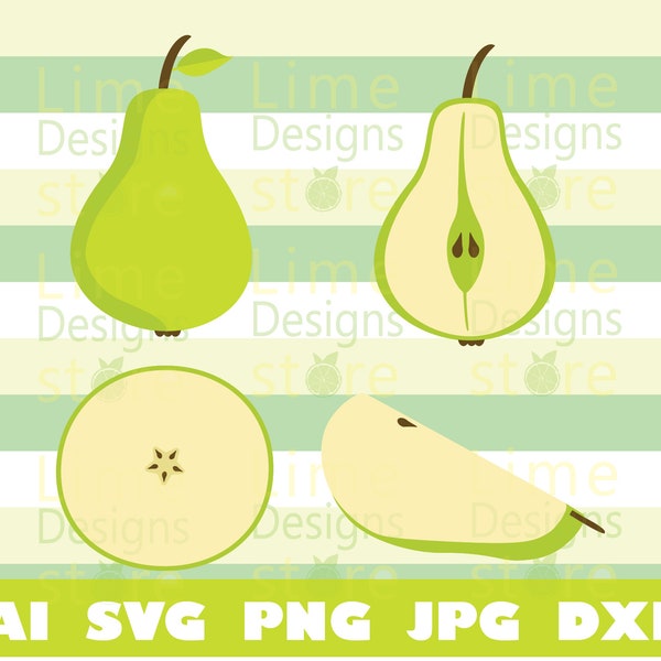 Pear, Pear slice, Half Pear, Cut Pear - SVG Design Files For Cricut Silhouette Cut Files