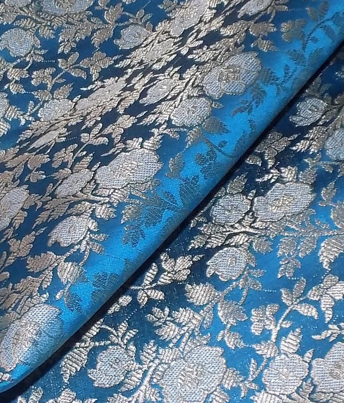 Brocade Fabric With Gold Floral Sold by the Yards- Blue and Gold ...