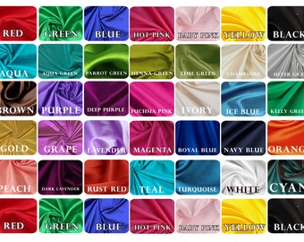 May include: A color chart showing 36 different colors of fabric. The colors are arranged in a grid of six rows and six columns. The colors include red, green, blue, hot pink, baby pink, yellow, black, aqua, aqua green, parrot green, henna green, lime green, champagne, silver gray, brown, purple, deep purple, fuchsia pink, ivory, ice blue, kelly green, gold, grape, lavender, magenta, royal blue, navy blue, orange, peach, dark lavender, rust red, teal, turquoise, white, and cyan.