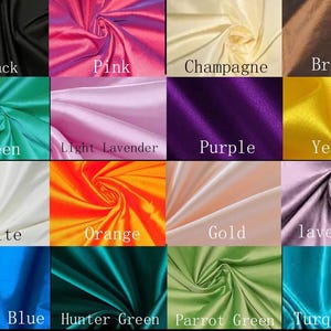 May include: A swatch card showing 14 different colors of satin fabric. The colors are: black, pink, champagne, brown, green, light lavender, purple, yellow, white, orange, gold, lavender, royal blue, hunter green, parrot green, and turquoise.