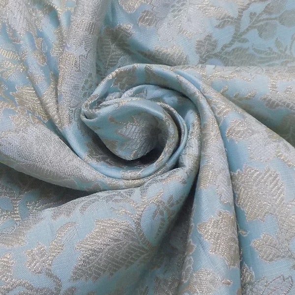 Amazing Brocade Fabric With Floral For Wedding Sky Blue Color - Indian Brocade Fabric Sold By Yards- Wedding Bridal Dress Fabric By Yard