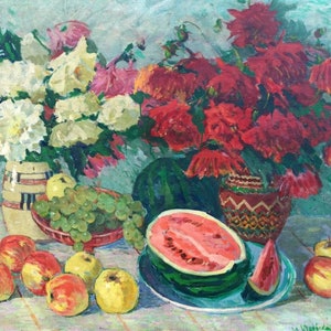 Beautiful still life with flowers by artist Yurovsky Yu N Oil painting on canvas. (1967) Original painting Handmade by a professional artist