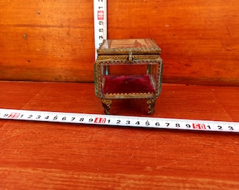 Antique Glass Jewelry Casket: 19th Century Brass & Velvet Display