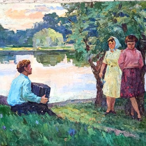 Oil painting “Girls on a date”. 1964. Original handmade painting by a professional artist. Socialist realism. River landscape.