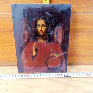 Ancient icon of Jesus Christ, painted with oil paints on wood - 19th century. Icon of the Almighty. Old Russian icon. Antique gift.