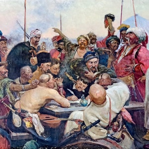 Pintura de batalla de varias figuras de artista desconocido "Los cosacos ucranianos escriben una carta al sultán". Objeto histórico. Regalo antiguo.