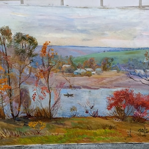 Oil painting “On the Ros River”. Original painting handmade by a professional artist. Socialist realism. Beautiful river landscape