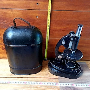 Vintage microscope in a native metal case of the middle of the 20th century from the USSR. Optical devices. Microscopes. Antique gift.