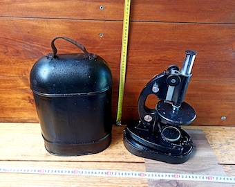 Vintage microscope in a native metal case of the middle of the 20th century from the USSR. Optical devices. Microscopes. Antique gift.