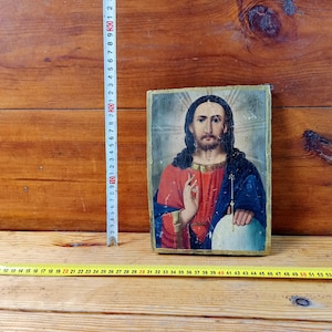 An ancient icon of Jesus Christ painted in oil paints on wood - 19th century. Icon of the Almighty. Old Russian icon. Antique gift.