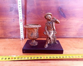 Antique bronze figurine of a screaming boy - 19th century. Historical artifact. Antique gift. Antique organizer for pencils and pens.