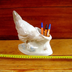 Antique Porcelain Desktop Pencil Stand - Chicken. Antique organizer. Porcelain figurine of a chicken. Antique gift.