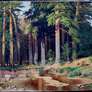 An old copy of a painting by Russian artist Shishkin. Forest landscape. Summer landscape. Academic painting. Realistic painting.