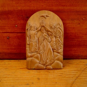 Icon “Coronation of the Blessed Virgin Mary” made of valuable wood. Antique gift. Icon of the Mother of God.