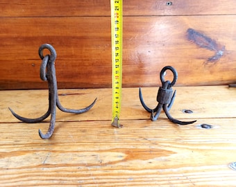 Ancient forged hooks (cat). Anchor of an ancient boat. Antique forged anchor. Historical artifact. Antique gift. (2 pieces).