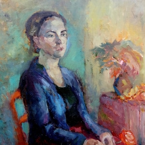 Oil painting on canvas "Woman on a chair".Original painting (handmade). Unknown artist. Female portrait.
