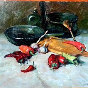 Artist Bredyuk P. &quot;Still life of pepper and garlic&quot;. Professional academic painting. Beautiful still life for the kitchen. A Christmas gift.