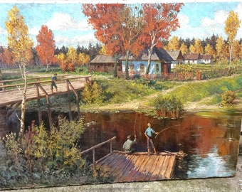 Oil painting “Autumn fishing of village boys.” Original handmade painting by a professional artist. River landscape. Autumn landscape.