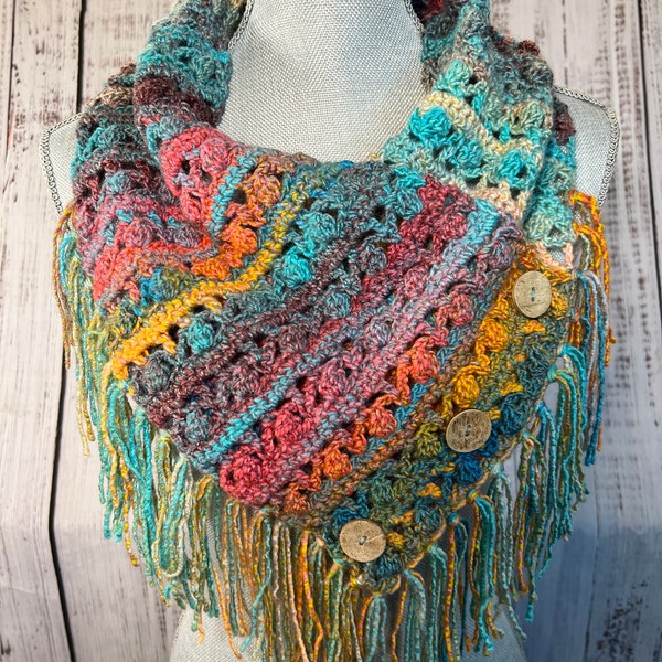 Light weight scarf, light weight cowl, women's cowl, handmade cowl, hand crocheted cowl, women accessories, triangle scarf, fringe scarf.