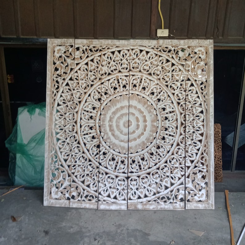 White Wash Medallion Wall Art Bohemian Style Wood Carved