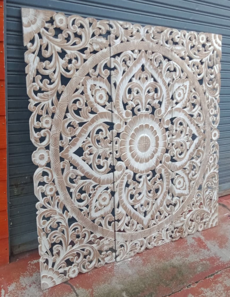 White Wash Medallion Wall Art Bohemian Style Wood Carved Panel Etsy