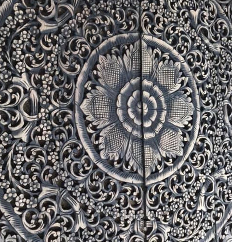 Black Wash Medallion Wall Art Bohemian Style Wood Carved