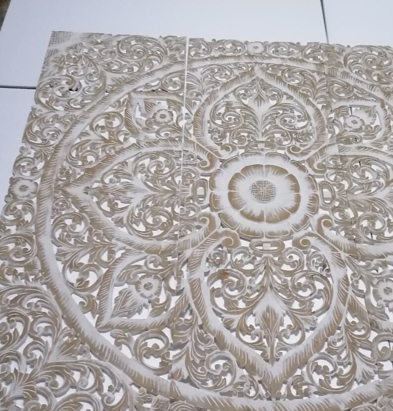 White Wash Medallion Wall Art Bohemian Style Wood Carved