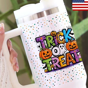 Trick or Treat 40oz Tumbler, Cup with Handle, Cute Halloween Party Favor, Travel Mug with Handle, Gift for Friend, Cup Tumbler for Coffee