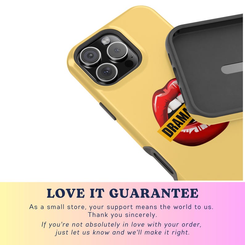 May include: A yellow phone case featuring a red and white lips design with the word "DRAMA" in black on a yellow ribbon. The case is designed for a phone with a triple camera lens.